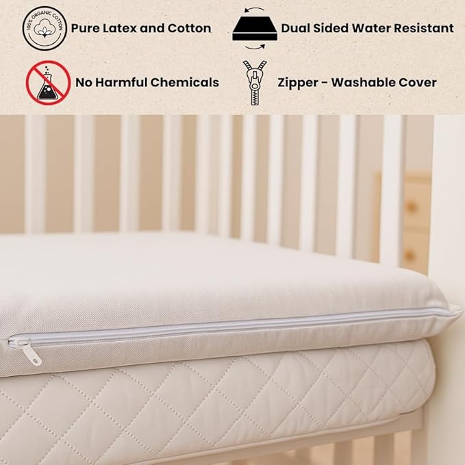 ORGANIC TEXTILES Organic Latex Crib Mattress Topper - 2" Latex for Portable (36"x26") - Breathable GOLS/GOTS Certified – Water-Resistant Organic Cotton Cover – No Polyester, Hypoallergenic, Non-Toxic