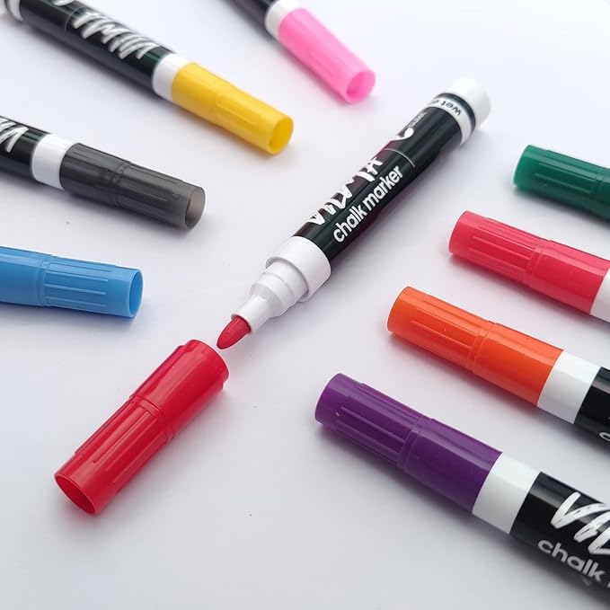 VILMA Liquid Chalk Markers Window Marker for Cars Glass pens Wet Erase Marker Washable Blackboard Pen for Car Window, Mirrors,Signs,Crafts, 2MM Tip 12 Pack,12 Colors