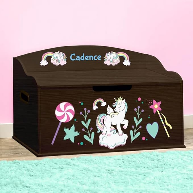DIBSIES Personalized Creative Wonders Toy Box, Unicorns & Rainbows, 30 x 19.25 x 18 inches, Soft-Close Lid (Espresso)