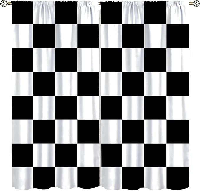 Black Checkered Curtains,70s Vintage Twisted Checkered Window Drapes Colorful Groovy Trendy Wavy Hippie Grid Print Window Treatments for Kids Boy Bedroom Living Room 52" W X 84" L