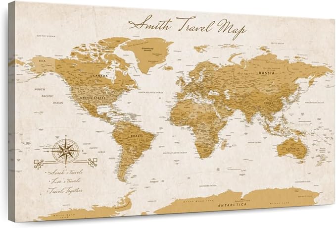 ElephantStock - Personalized Travel Push Pin World Map Wall Art - Horizontal Canvas Wall Art - Living Room Wall Decor - Digital Art Map Canvas Art - Orange And Beige Decor - 39" x 26"