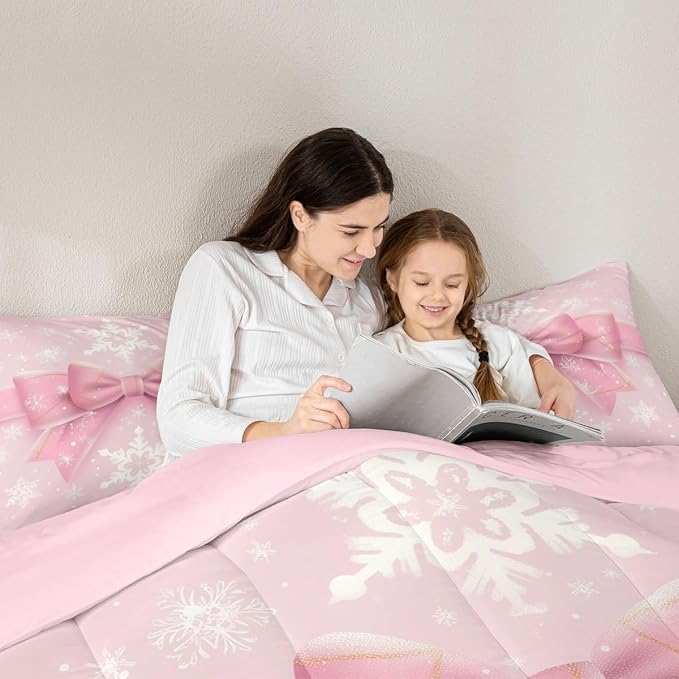 Feelyou Pink Bow Comforter Set All Season Coquette Bow Knot Bedding Set with 2 Pillow Cases Xmas Snowflake Kids King Bedclothes Cute Dreamy Princess Style Decor Christmas Duvet Quilt Soft Lightweight