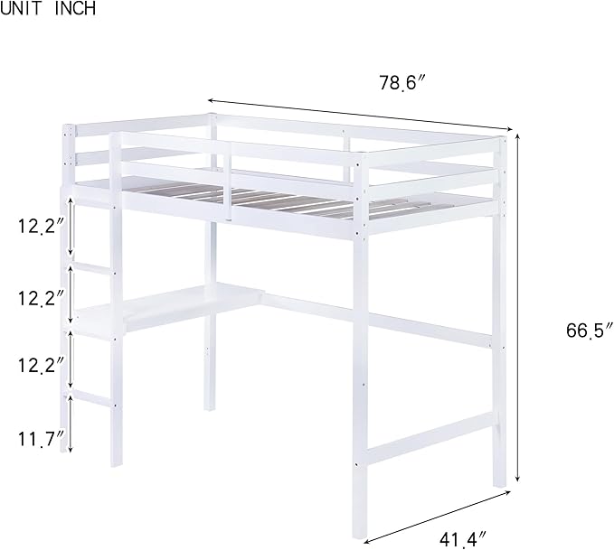 Bellemave Twin Loft Bed with Desk,Loft Bed for Kids, Boys, Girls,Wooden Loft Be Frame with Desk and Ladder, White