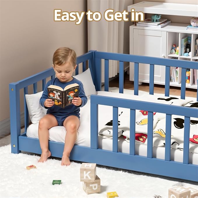 i-POOK Full Floor Bed Frame with Wood Slats, High Fence & Small Door, Pinewood Montessori Floor Bed for Girls and Boys, Mist Blue