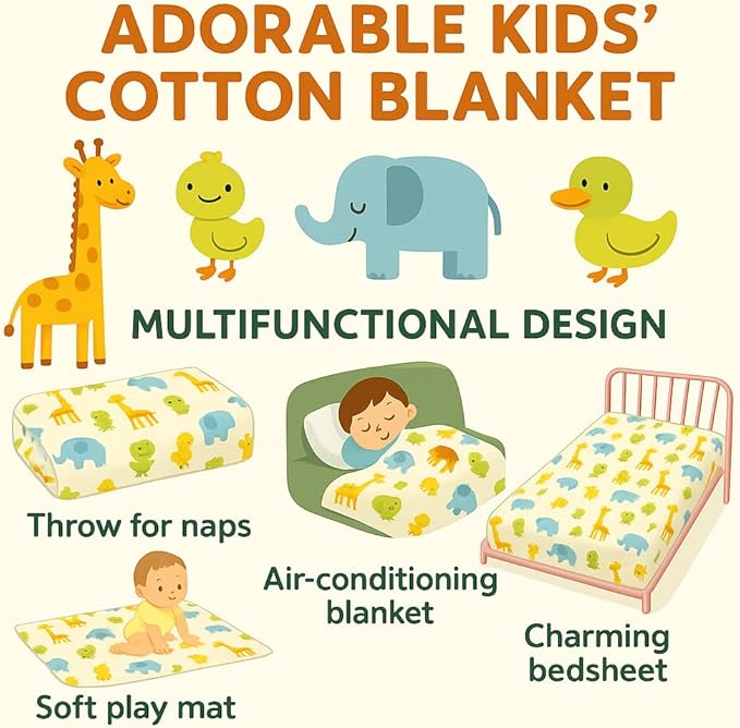 Kids Blanket 100% Cotton – Animal Theme Throw with Giraffe, Elephant, Frog, Duck – Lightweight Soft Toddler Blanket for Boys Girls, Perfect for Spring Summer Fall, 40 x 60 in (101.6 x 152.4 cm)