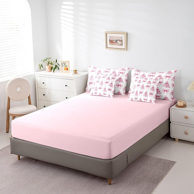 Manfei 7 Pieces Pink Bowknot Kids Comforter Twin,Christmas Trees Pine Bow Tie Toddler Bedding Set,Merry Christmas Happy New Year Xmas（Comforter+Fitted+Flat Sheet+2 Pillowcases+2 Throw Pillow Covers）