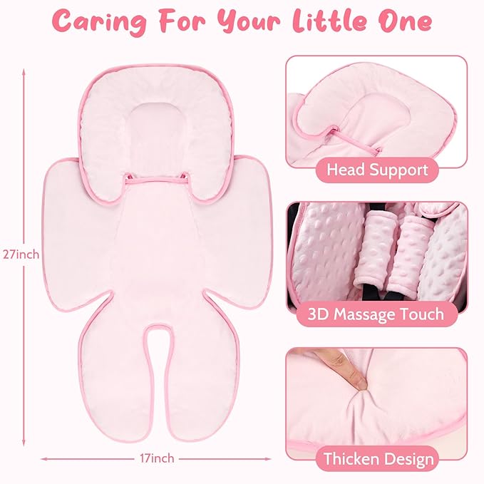 2 in 1 Infant Car Seat Insert Head and Body Support Set, Reversible Newborn Insert for Carseat with 3 Extra Strap Paddings, Soft Stroller Cushion Pillow Insert Girls, Fits for Stroller, Swing, Pink