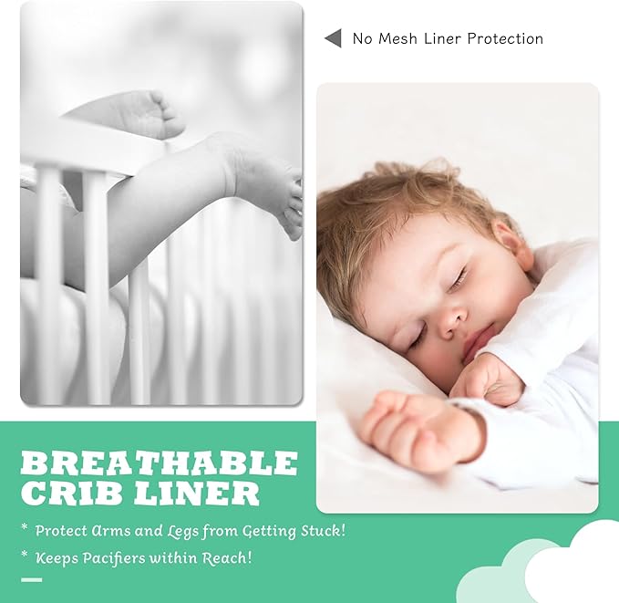 Breathable Mesh Crib Liner for Protecting Baby Legs and Arms, Block The Pacifier from Falling, 11" H (28cm) Essential 3mm Breathable Mesh Liner Around 3 or 4 Side Full-Size Crib, Grey