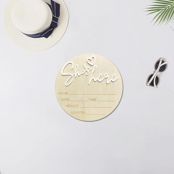 Baby Announcement Sign, 5.9 Inch Wooden Hello World Newborn Signs, Birth Announcement Sign, Gender Reveal Signs, She's here Decoration, Welcome Newborn Arrival To World, Hospital Nursery for Baby (White She's)