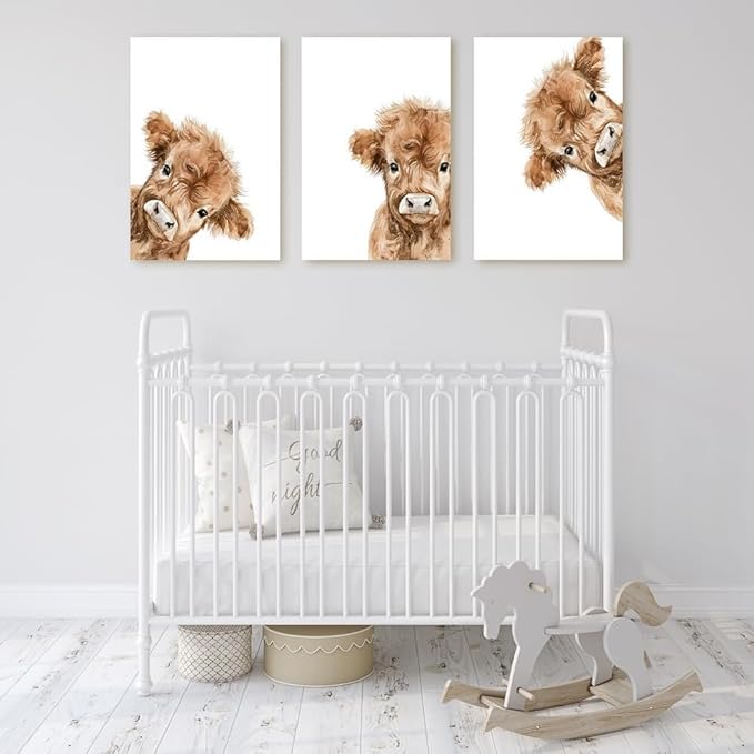 Peeking Cow Nursery Wall Art, Cute Highland Cow Print, 3 Piece Watercolor Baby Animal Nursery Wall Decor, Farmhouse Picture for Baby Boy Girl Room Decor, Framed Canvas Set, 16"x24"x3