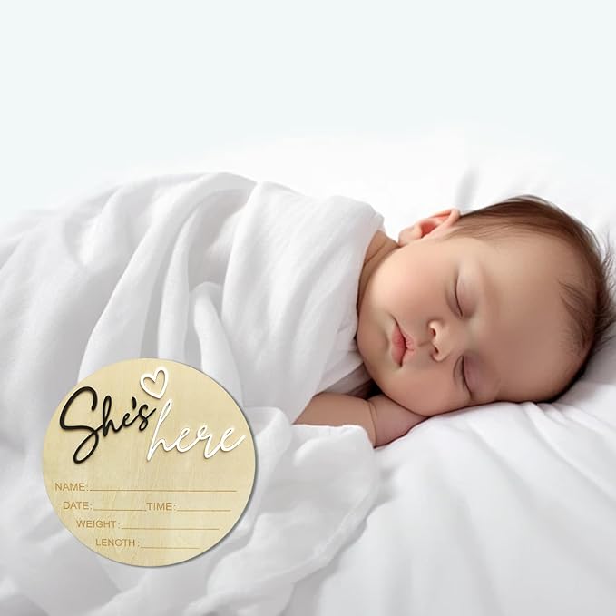 Baby Announcement Sign, 5.9 Inch Wooden Hello World Newborn Signs, Birth Announcement Sign, Gender Reveal Signs, She's here Decoration, Welcome Newborn Arrival To World, Hospital Nursery for Baby (Black She's)