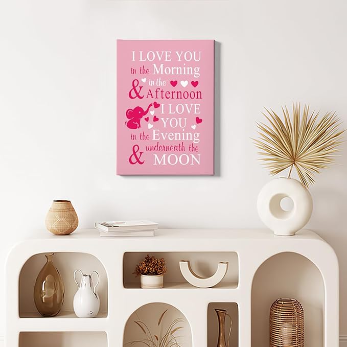 HIWX Baby Elephant Nursery Decor, I Love You In The Morning Sign Framed Canvas Painting Wall Art Decor, Elephant Nursery Baby Wall Art Home Decoration For Room Bedroom 11x14 (Pink)