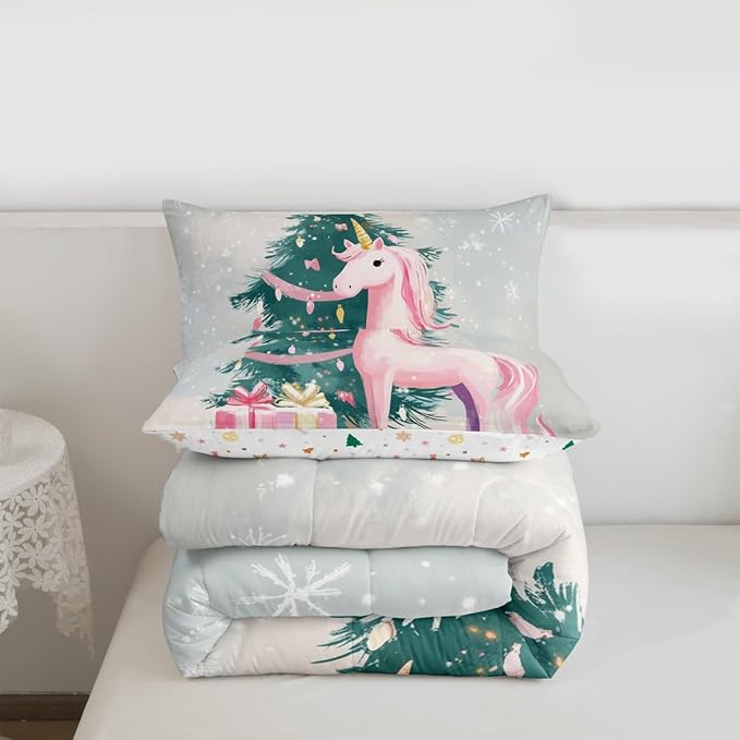 Feelyou Merry Christmas Comforter Set Twin Size Cute Unicorn Bedding Set for Kids Boys Girls Gift Duvet Quilt Christmas Tree Bedroom Decor Microfiber 2 Pcs with 1 Pillow Cases