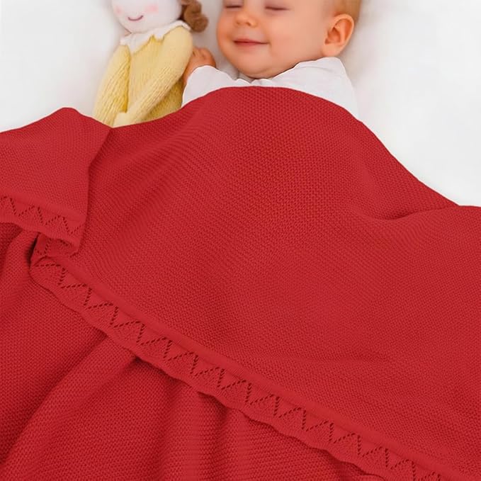 Baby Knit Blanket Soft Breathable Cotton Scallop Border Blankets Newborn Knitted Blanket Swaddle Blankets Gifts for Baby Newborn Toddler Shower Boy Girl New Mom Birthday Christmas Red 28x36