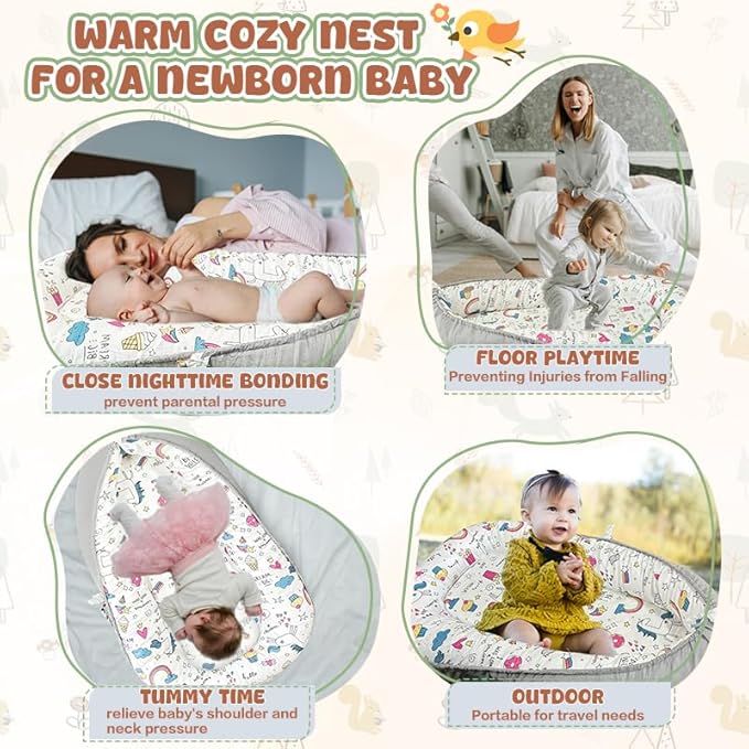 JIFTOK Baby Nests Lounger for Newborn, Snuggle Bassinet for 0-24M, Breathable Portable Co Bed, Baby Essentials Adjustable Infant Soft Cotton Loungers for Home & Travel -Ice Cream