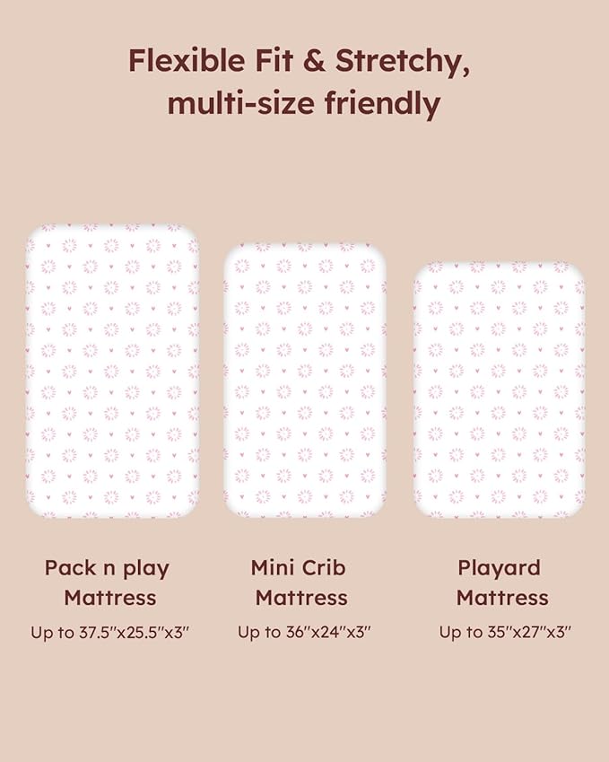 Pack and Play Sheets Fitted, 3 Pack Soft Stretchy Baby Mini Crib Sheets for Pack N Play Mattress and Portable Playard Sheets for Girls Pink Cloud Elephant
