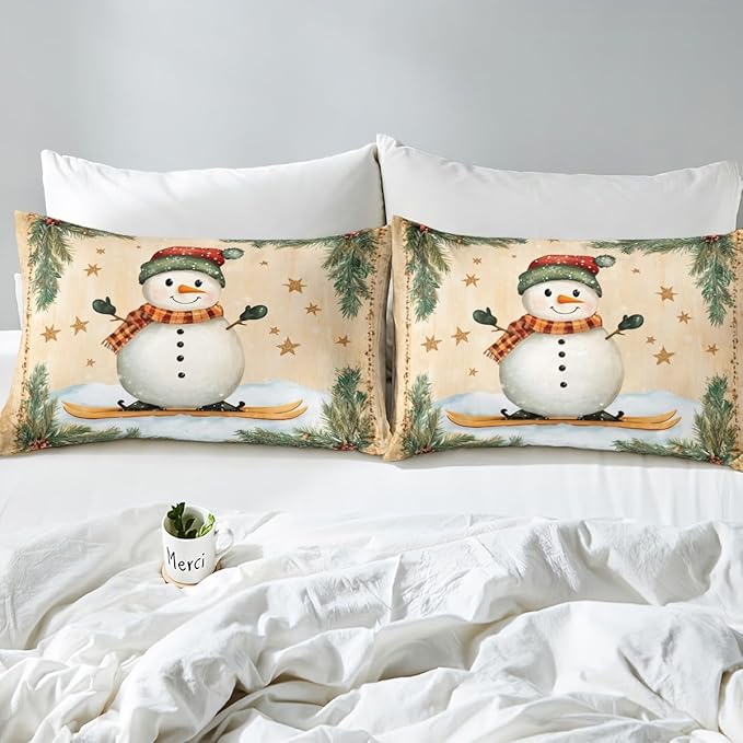 Manfei Christmas Kids Duvet Cover Set Queen Size, Cute Snowman Bedding Set for Boy Girl Room Decor, New Year Holly Leaf Print Comforter Cover, Lightweight Bedspread Cover, 2 Pillowcases, No Comforter
