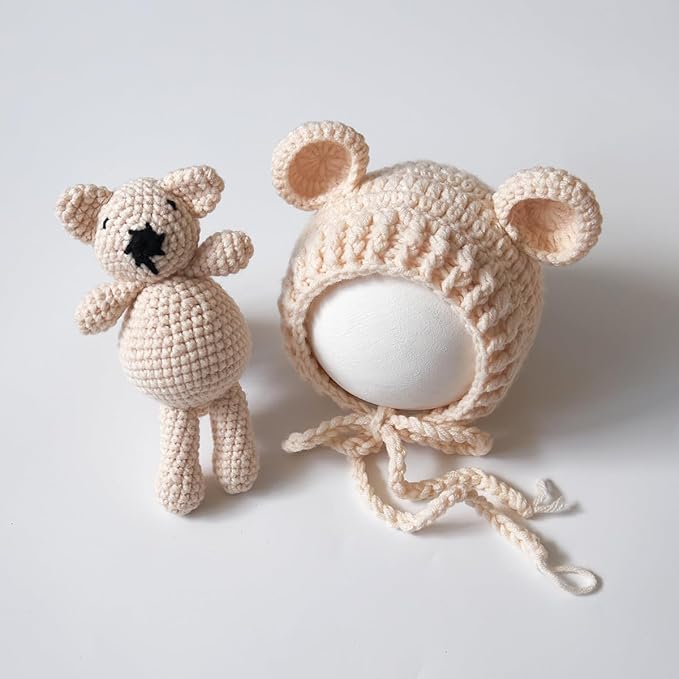 Zeroest Newborn Baby Boy Girl Photography Props Bear Hat Outfits Crochet Kint Handmade Cap Set for Newborn Photo Shoot