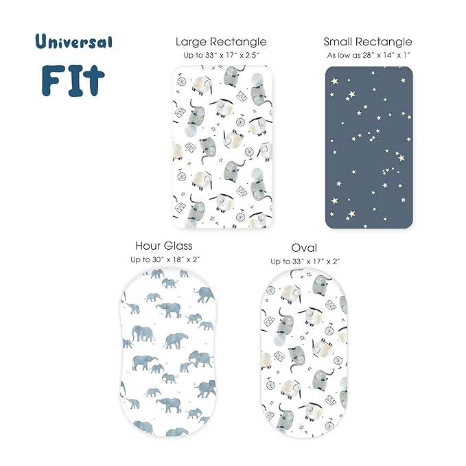 Stretchy Ultra Soft Fitted Bassinet Sheets Set 3 Pack, Universal Fit for Bassinets Baby Cradle Moses Basket Oval Rectangle Mattress Safe and Snug, Stylish Bassinet Sheet of Elephant Print