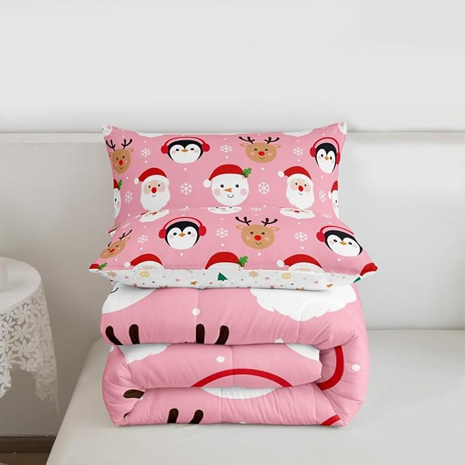 Feelyou Pink Christmas Comforter Set Queen Size Santa Claus Bedding Set for Kids Boys Girls Deer Penguin Duvet Quilt Snowman Bedroom Decor Microfiber 3 Pcs with 2 Pillow Cases