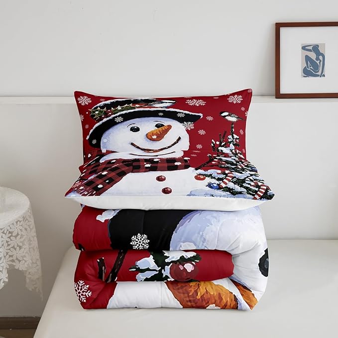 Feelyou Kids Christmas Theme Decorations Bedding Set Xmas Snowman Comforter Set for Boys Girls Red Bedroom Collection Queen Size