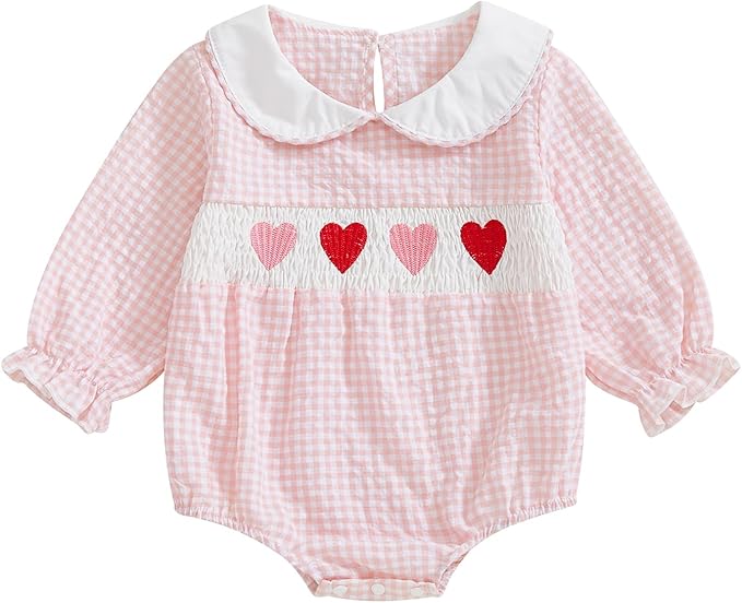 Amiblvowa Baby Girl Valentines Day Outfit Embroidery Love Heart Smocked Bubble Romper Bodysuit Cute Infant Newborn Clothes