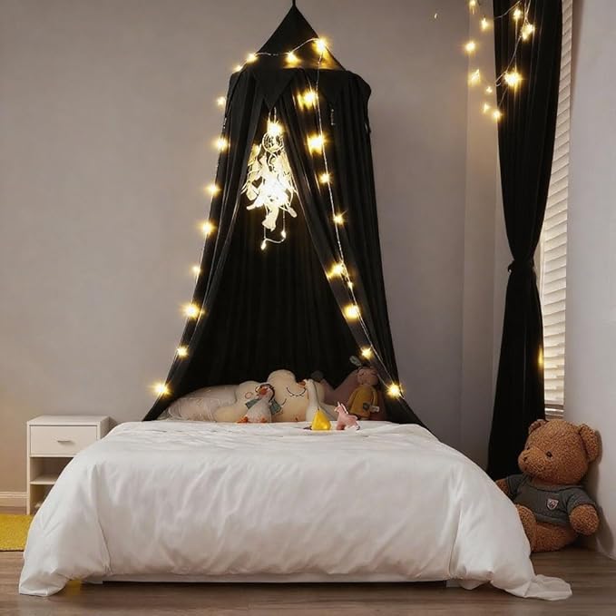 Akiky Bed Canopy for Bed with Lights,Dream Catcher,Hanging Canopy for Indoor Outdoor Castle Canopy for Reading Nook House Decoration (Black)