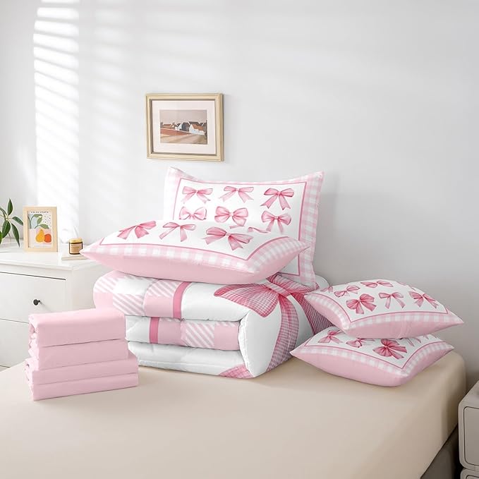 7 Pieces Pink Bowknot Kids Comforter Queen,Geometric Plaids Grids Patchwork Fashion Bedding Set,Bow Tie Knot Princess Romantic Chic（Comforter+Fitted+Flat Sheet+2 Pillowcases+2 Throw Pillow Covers）