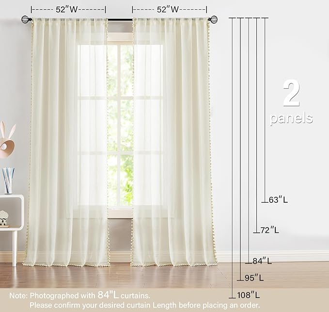 Treatmentex Pompom Linen Sheer Curtains for Living Room 84inches Long Decorative Natural Window Curtain Draperies for Kids Bedroom Slub Textured Voile 52" W, 1 Pair, Beige