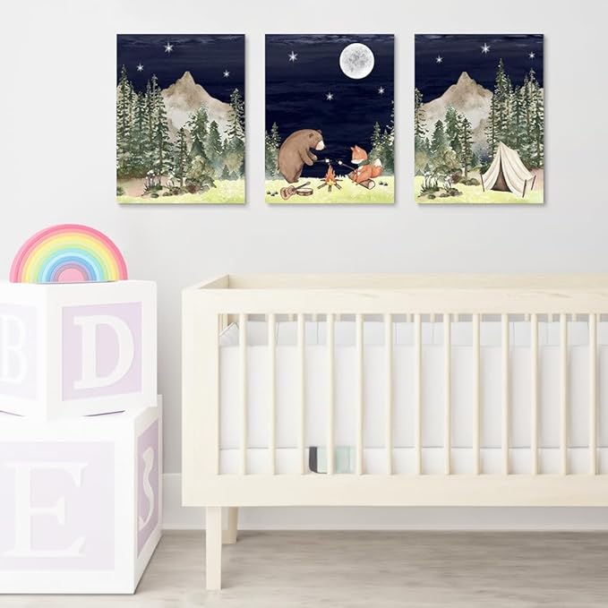 Camping Nursery Wall Decor, Bear Fox Nursery Print, Moon Night Woodland Nursery Decor, Watercolor Mountain Forest Wall Art, Set of 3 Nature Picture for Boy Girl Bedroom, Framed Canvas, 16"x24"x3