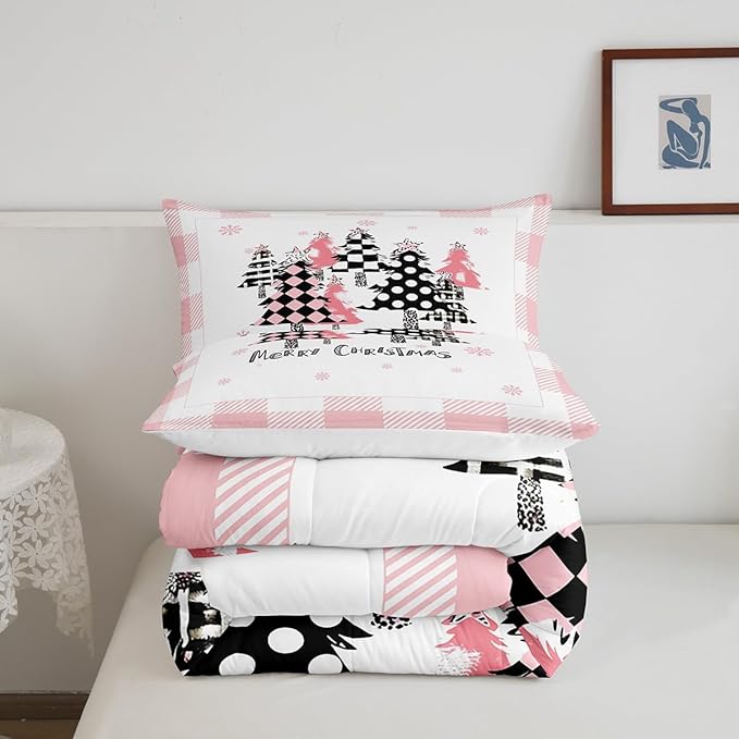 Manfei Merry Christmas Comforter Set Twin Size, Pink Plaid Xmas Trees Bedding Set 2pcs, New Year Cartoon Down Comforter for All Season, Kids Girls Santa Claus Bedroom Decor, 1 Pillowcase, No Sheets
