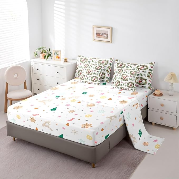 Erosebridal Cartoon Santa Claus King Comforter Set with Sheets 7 Piece Cute Xmas Snowman Bed in A Bag Winter Red Berry Pine Branches Leaf Bedding Sets for Teenager New Year Holiday Wreath Bed Set
