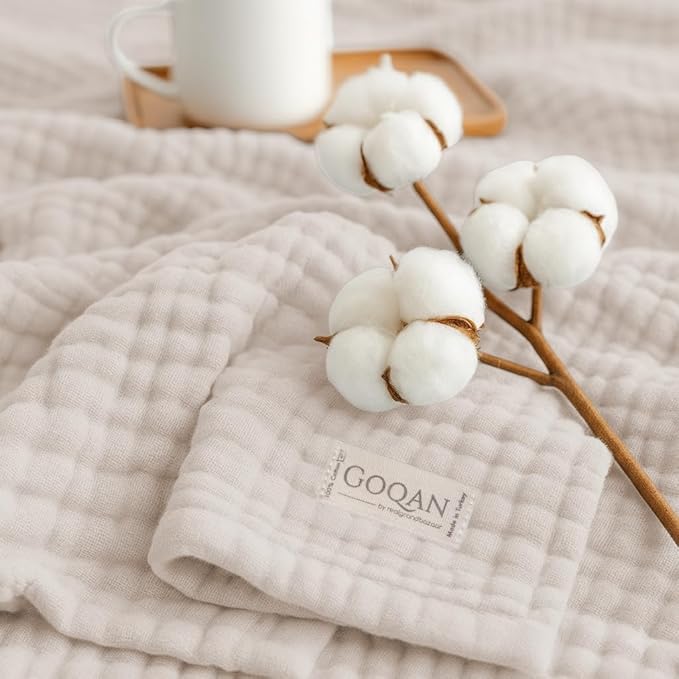 Goqan Throw Blanket 55x60 – 100% Cotton 4 Layer Boho Muslin Blanket for Adults, Lightweight, Soft, Breathable for Bed, Couch, Picnic - Beige
