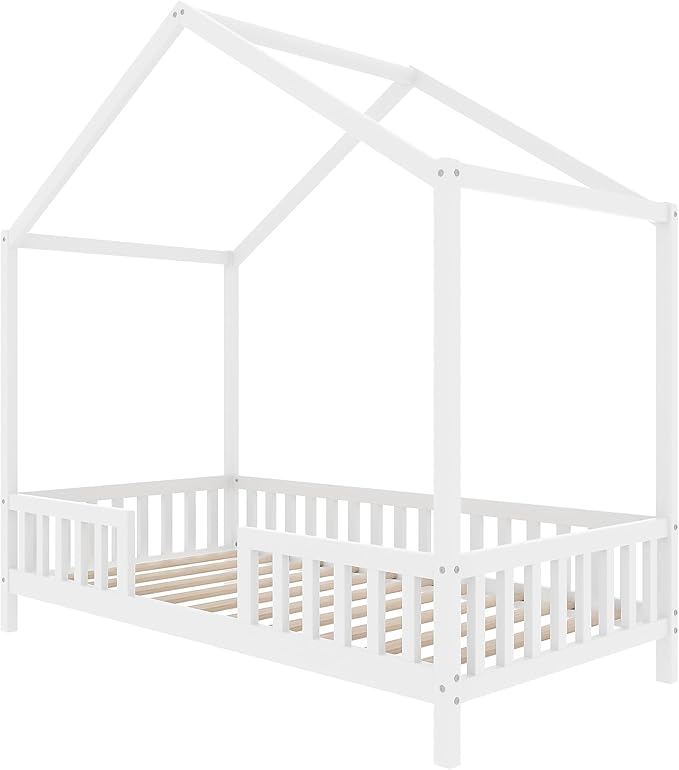 Bellemave Twin House BedFrame with Canopy, Montessori Floor Bed, House Bed with Rails for Kids, White
