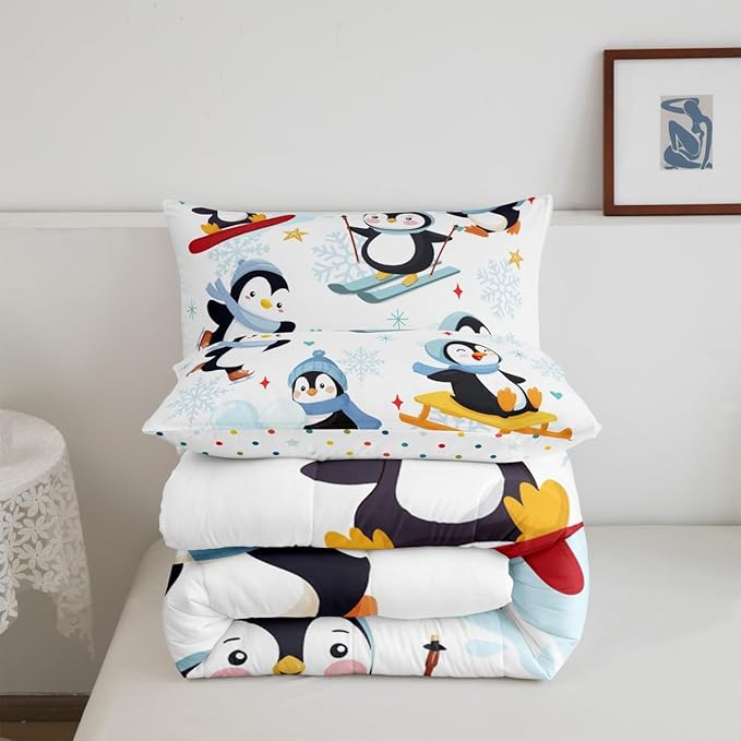Cute Cartoon Skiing Penguin Twin Size Comforter Set for All Seasons,Winter Snowflake New Year Bedding Set Teens Bedroom Decor,Merry Christmas Theme Comforter Inner Fill with 1 Pillowcase