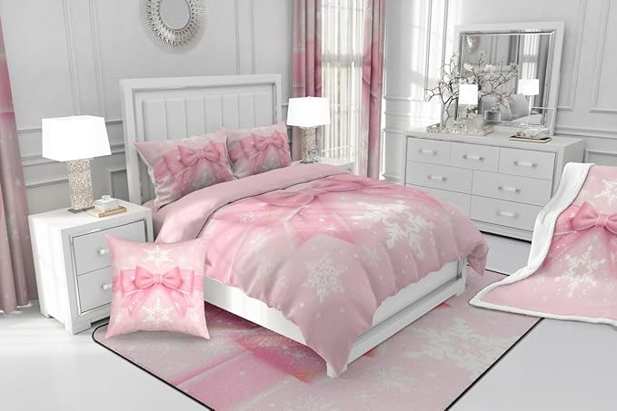Feelyou Pink Bow Comforter Set All Season Coquette Bow Knot Bedding Set with 2 Pillow Cases Xmas Snowflake Kids Full Bedclothes Cute Dreamy Princess Style Decor Christmas Duvet Quilt Soft Lightweight