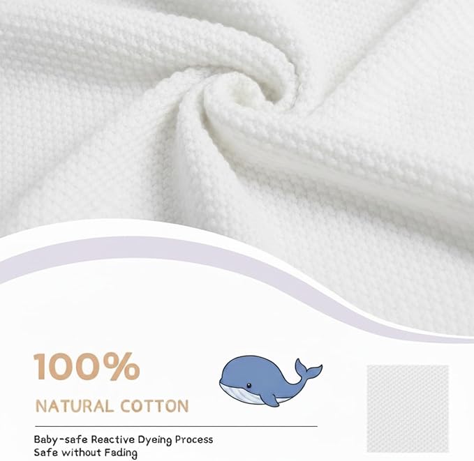 Baby Knit Blanket Soft Cotton Lightweight Newborn Blanket for Crib Stroller Toddler Nursery Shower Gift Cozy Breathable Travel Swaddle Wrap White 36 x 28 Inches