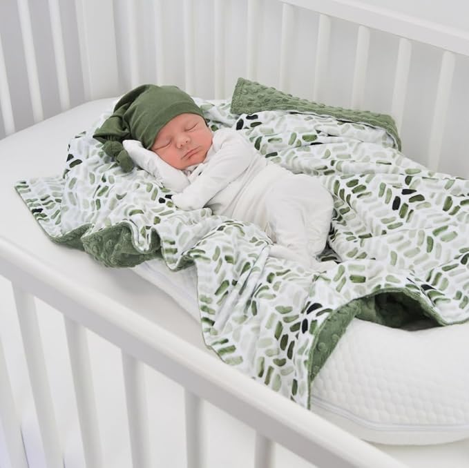 Baby Double Layer Soft Plush Minky Blanket With Dotted Backing for Boys Girls - Toddler Newborn Shower Gifts (Green Leaves, 30 X 40 Inch)
