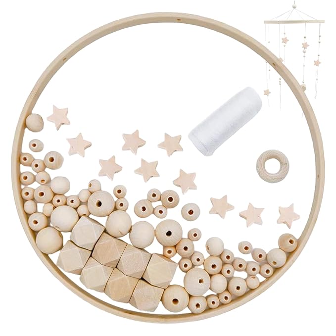 Baby Mobile for Crib, DIY Wooden Baby Crib Mobile Set with Bamboo Ring, Beads and Cotton Thread for Nursery Decor Gifts