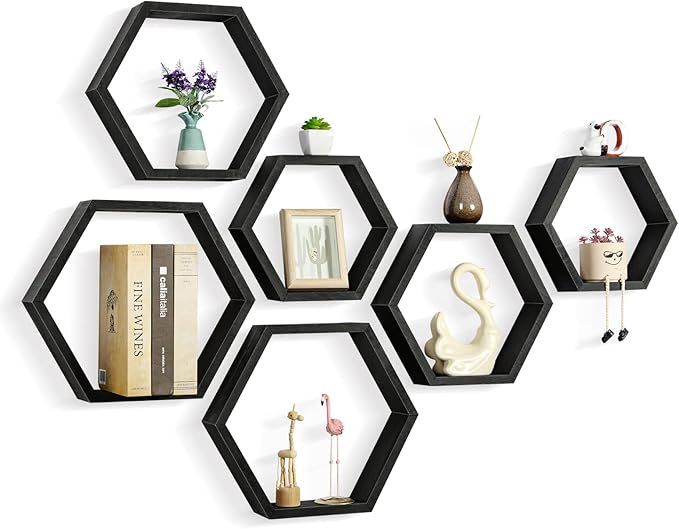 CADUKE Hexagonal Floating Shelves Set of 6 Hexagon Sheves Wall Mount Wood Storage Honeycomb Shelf Farmhouse Wall Decor Shelves for Bedroom Living Room, Black