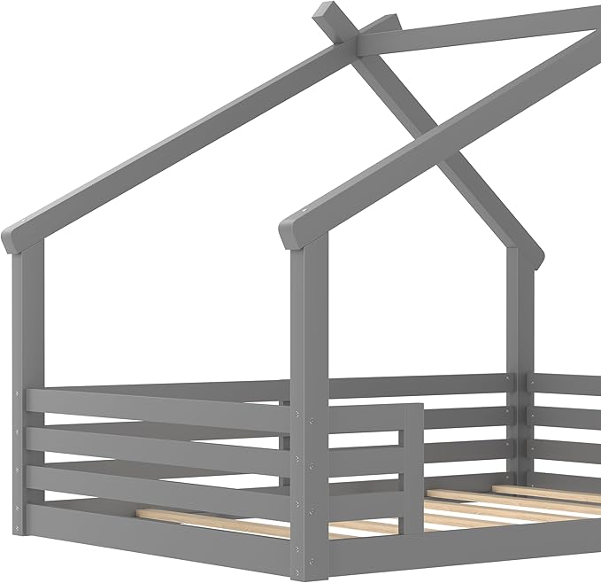Polibi Full Size Floor Bed with House-Shaped Roof,Window and a Small Shelf, Solid Wood Low Profile Floor Bed for Kids, No Box Spring, Grey