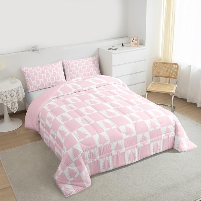 Feelyou Christmas Bedding Set Soft for Boys Girls, Checkered Comforter Set Toddler Size Christmas Tree Duvet Quilt Microfiber Xmas Decorations Bedroom Decor Pink 2 Pcs with 1 Pillow Cases