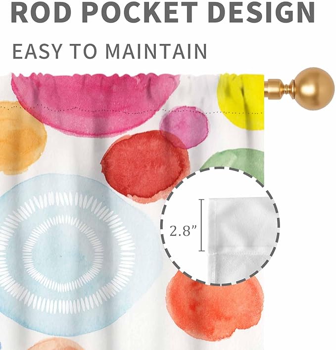 Colorful Curtains for Girls Bedroom, Watercolor Rainbow Cartoon Abstract Circle Polka Dots Splashes Cute Window Drapery for Kids Boys Girls Classroom Living Room Nursery 2 Panels, 42"x54" Inch