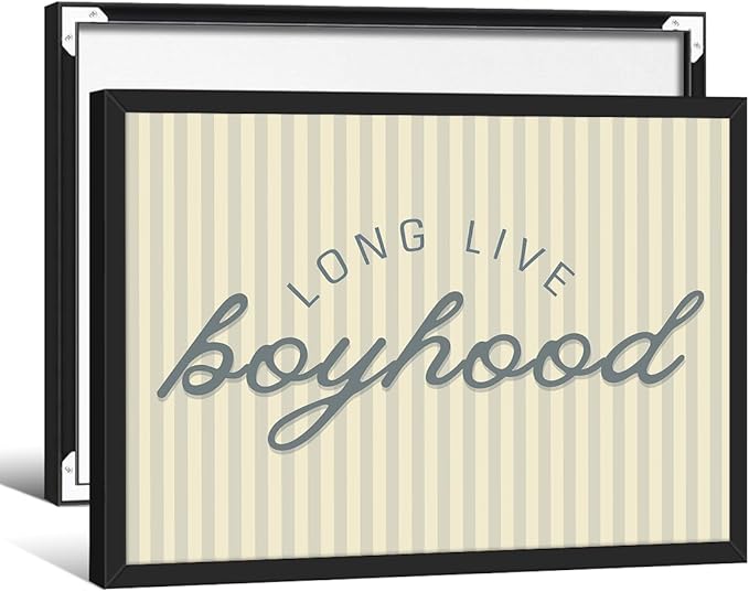 Long Live Boyhood Quote Wall Art Preppy Blue Stripe Poster 12x16 inch Black Framed Modern Fashion Minimalist Canvas Prints for Boy Nursery Bedroom Wall Decor