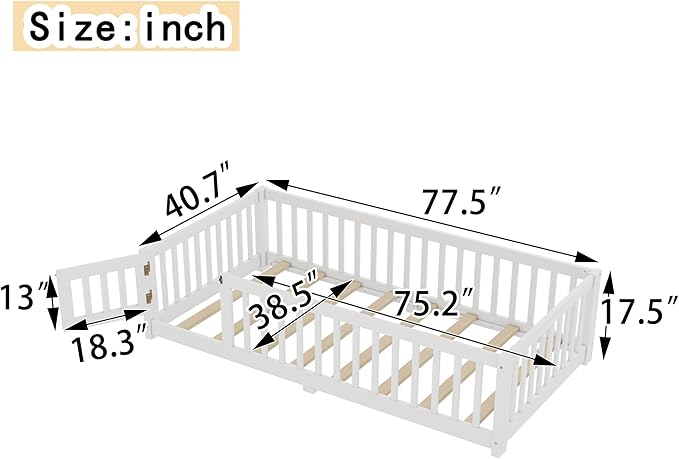 Harper & Bright Designs Twin Floor Bed Frame with Safety High Fence, Wood Montessori Bed with Door, Twin Size Floor Beds with Solid Wood Support Slats for Boys, Girls, Kids, White