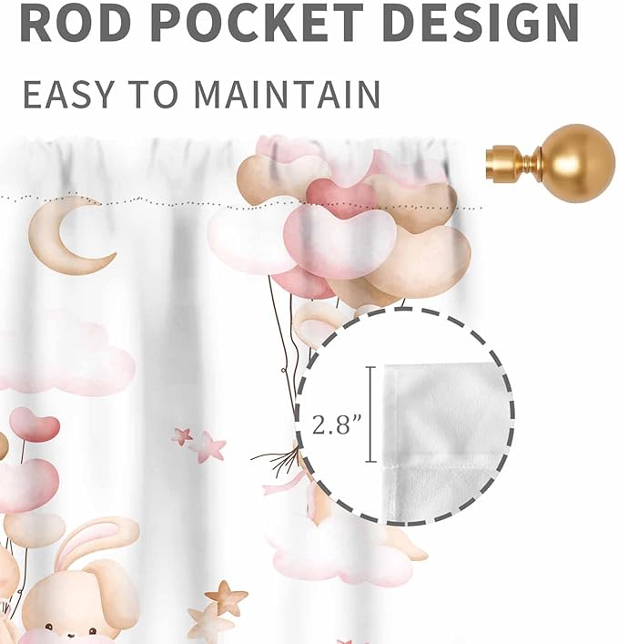 Rabbits Curtains, Kids Boys Girls Cartoon Cute Lovely Animals Moon Cloud Ballon Pastel Pink Window Drapery Treatments for Baby Living Room Bedroom Nursey Toddler 2 Panels, 63"x72" Inch