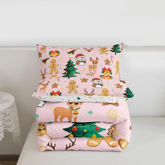 Feelyou Merry Christmas Bedding Set Soft for Boys Girls, Gingerbread Man Comforter Set Twin Size Cute Deer Duvet Quilt Microfiber Christmas Tree 2 Pcs with 1 Pillow Cases