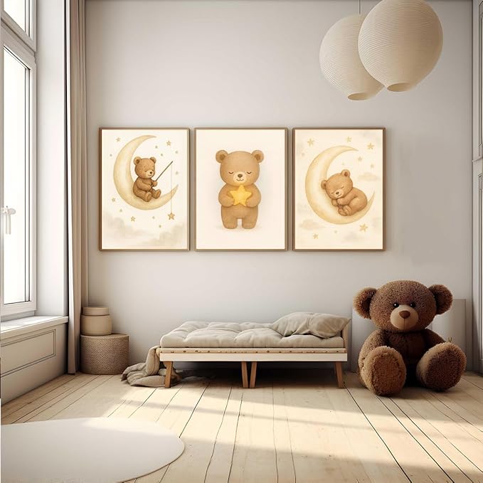 XBQZFLHT 3Pcs Bear Nursery Wall Art Teddy Bear Moon and Stars Canvas Prints Cute Animal Sleeping on the Moon and Cloud Neutral Baby Room Decor Pictures for Boys and Girls 12x16in Unframed