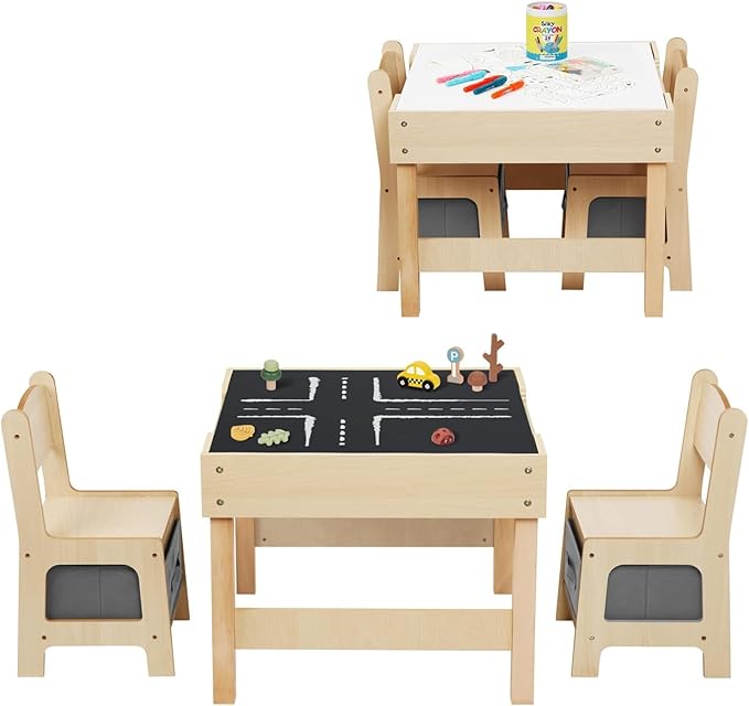 3 in1 Kids Table and Chairs Ages 3-7, Montessori Toddler Table and Chair Set with Versatile Tabletop and Storage Drawer, Kids Activity Desk for Home, Nursery and Playroom