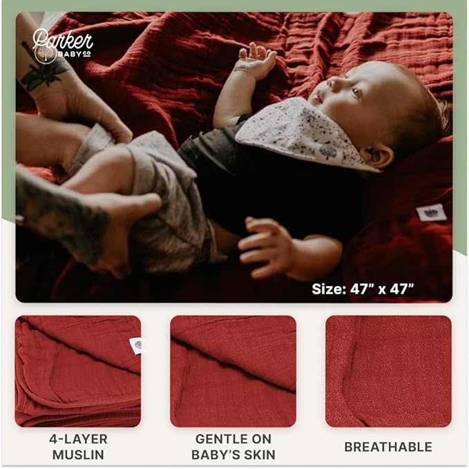 Parker Baby Muslin Blanket | 100% Soft Cotton Toddler Quilt & Baby Muslin Swaddle | Gender Neutral Design 47" x 47" Blanket